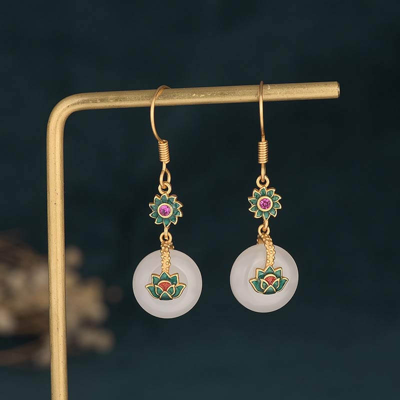 White Jade Cold Enamel Lotus Earrings