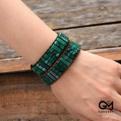 Color Stones Square Leather String Wrap Bracelet