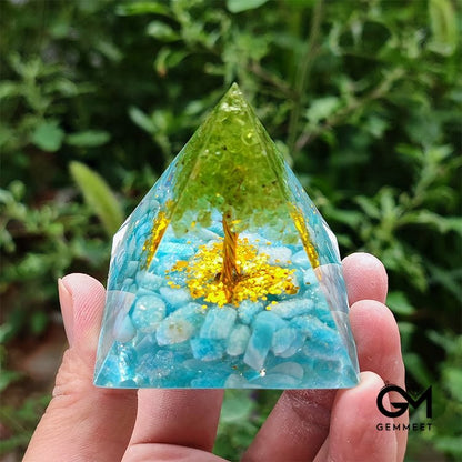 Amazonite with Peridot Tree Of Life Orgone Pyramid