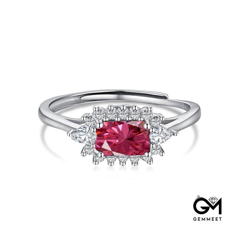 S925 Rectangular Red Zircon Temperament Ring