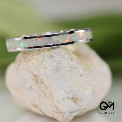 White Opal Band Sterling Silver Ring