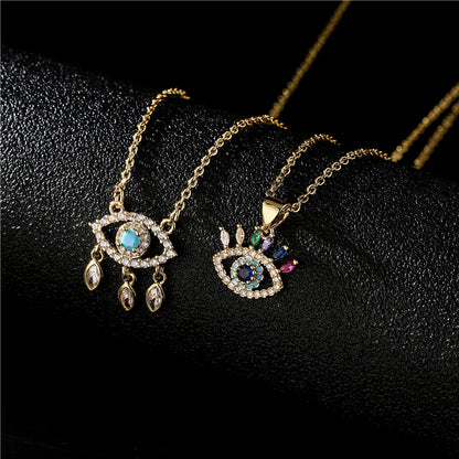 Color Stones Hollow Evil Eye Pendant Necklace