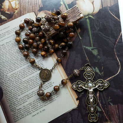 Grade A Tiger Eye Cross Pendant Rosary Necklace