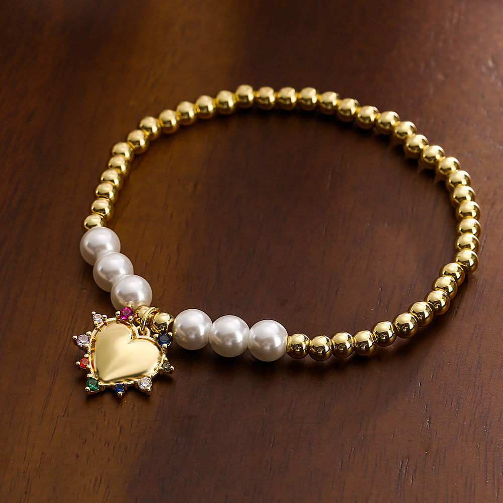 Heart Shape Pendant Pearl Bead Bracelet