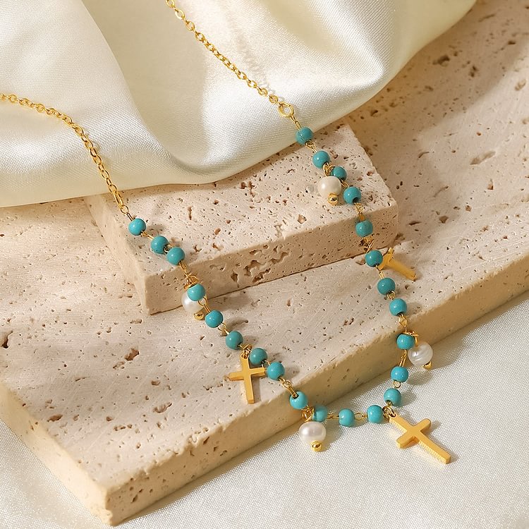 Turquoise Pearl Cross Pendant Tassel Necklace