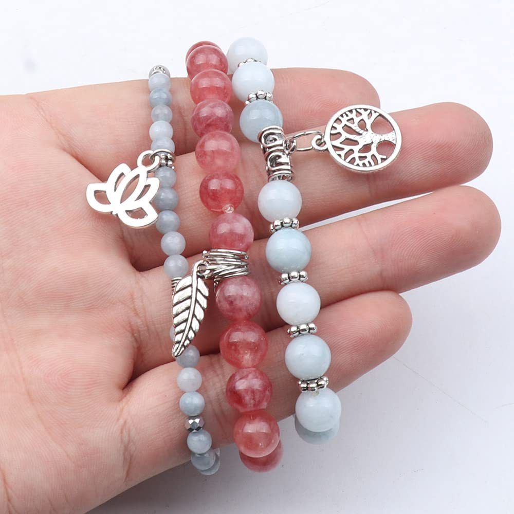 Life of Tree Lotus & Leaf Symbol Rose Quartz & Aquamarine Bracelet