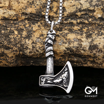 Viking Celtic Wolf Crow Double Axe Necklace