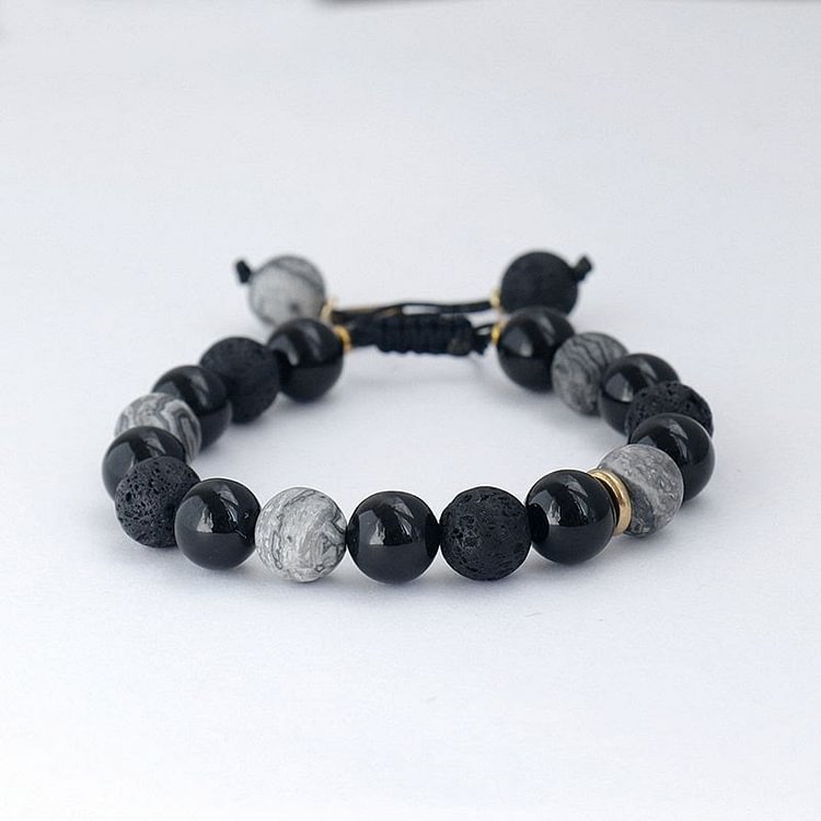 Black Onyx Snowflake Obsidian Lava Stone Beaded Men's Bracelet