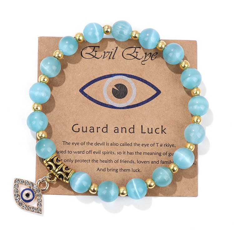 Blue Cat's Eye & Color Stone Bead Evil Eye Pendant Bracelet