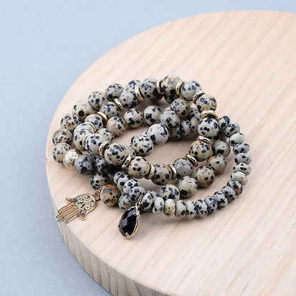 Natural Dalmatian Jasper Obsidian Hamsa Pendant Bracelet