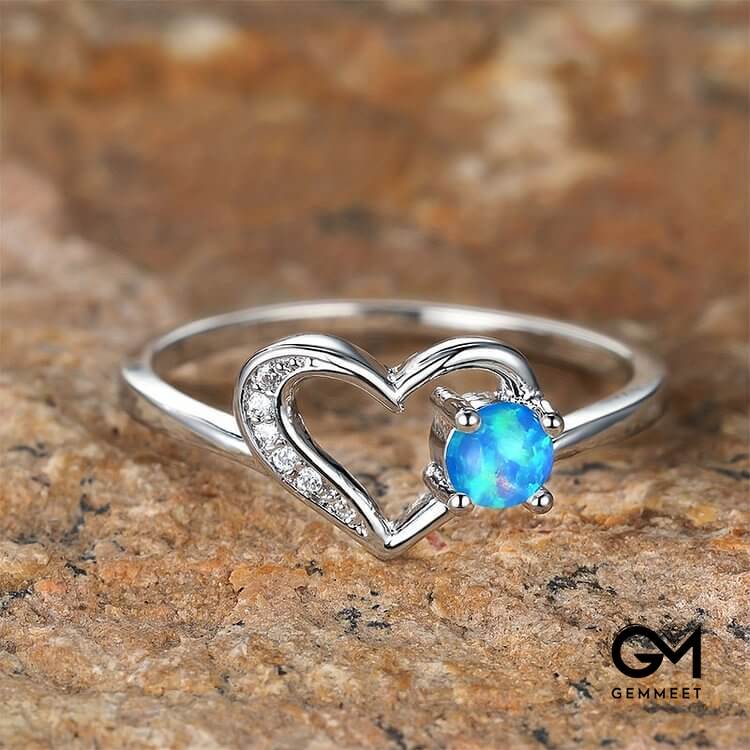 "Deep in Heart" - Simple Circular Opal Hollow Heart Ring