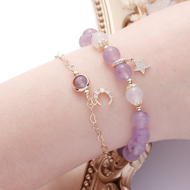 Purple Jade White Agate Beaded Star Moon Bracelet