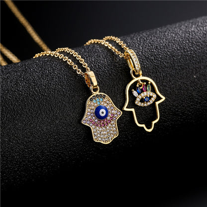 Hamsa Full Stones & Hollow Pendant Necklace