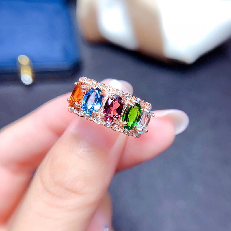 Imitation Natural Multi-treasure Crystal Fashion Multi-color Gem Open Ring