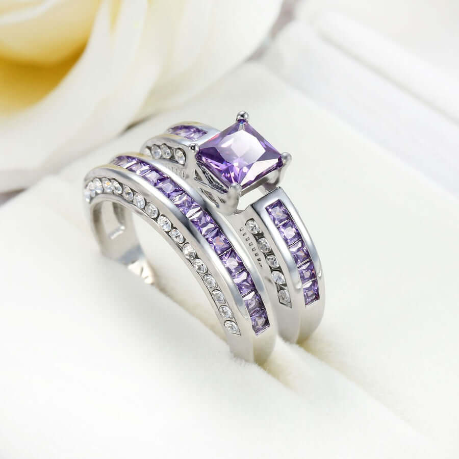 Amethyst White Zircon Ring Set Pair of Rings