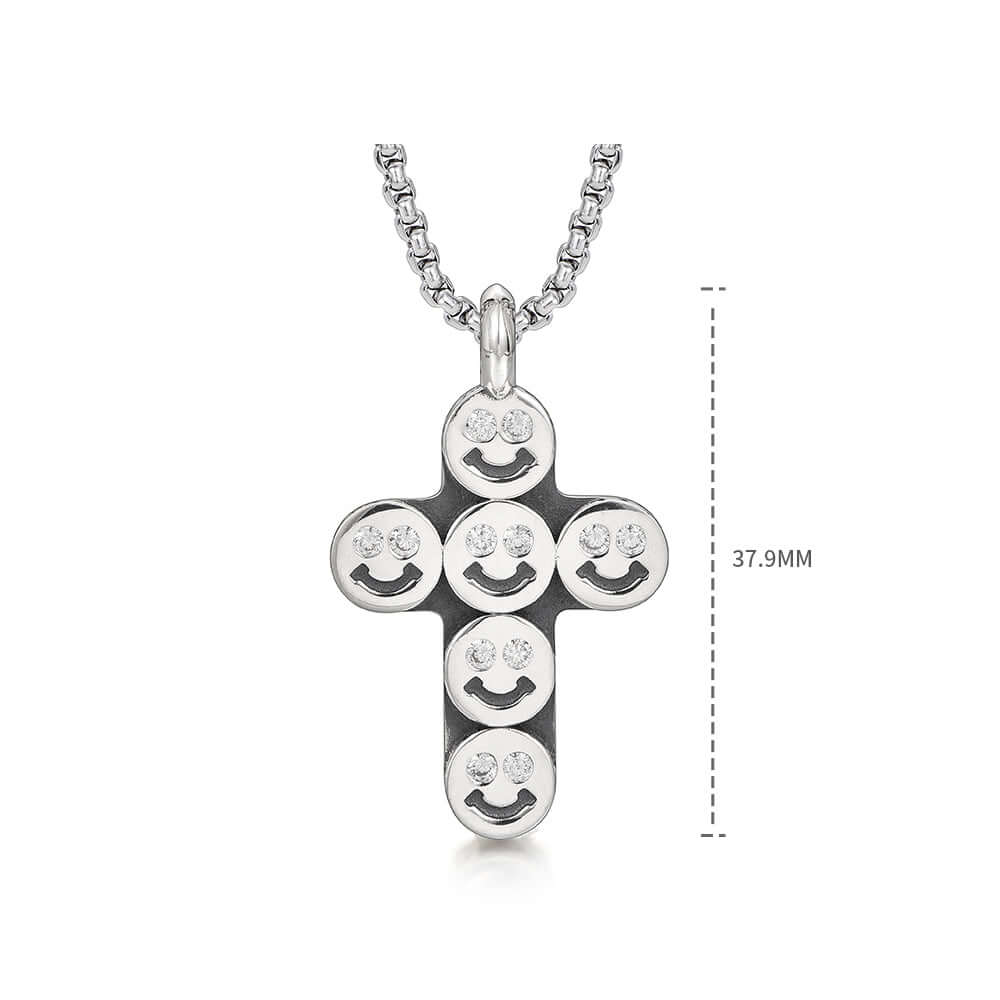 Round Smiling Face Sterling Silver Cross Pendants Necklace