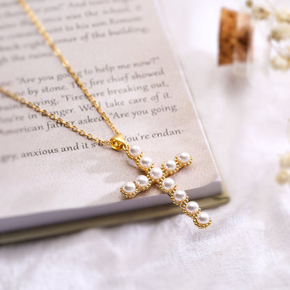 Full Pearls Cross Shape Pendant Necklace