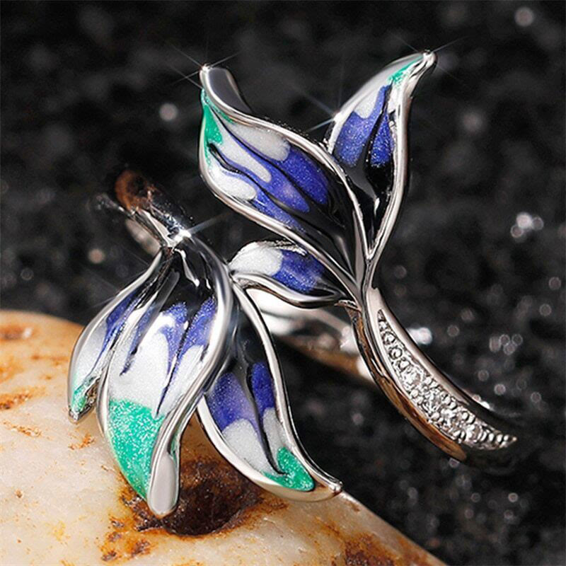 Blue Pink Feather Leaves Ring