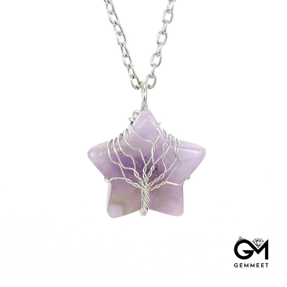 Crystal Pentagram Wound Tree of Life Pendant Necklace