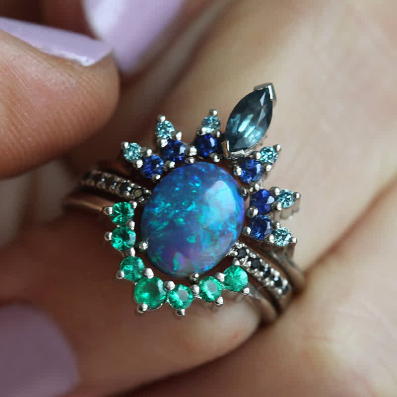 Sapphire With Opal 3 - Piece Ring Set