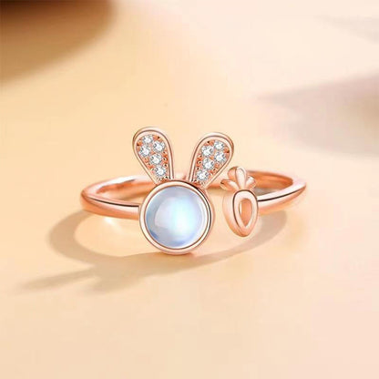 Cute Little Rabbit Carrot Moonstone Open Ring