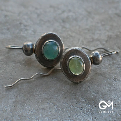 Asymmetrical Teal Stone Boho Silver Long Wound Silk Earrings