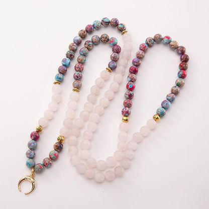 Rose Quartz Emperor Stone Moon Pendant Rosary Necklace