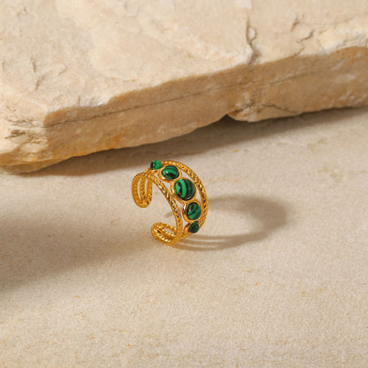 French Vintage Natural Stone 5 Malachite Hollow Ring