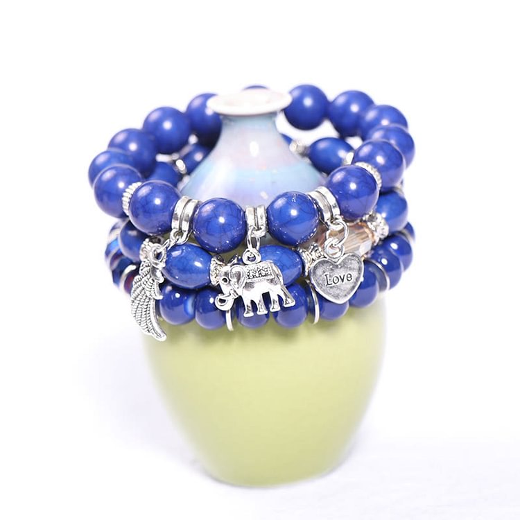 Elephant Wings Heart Pendant Sodalite Beaded Bracelet Set