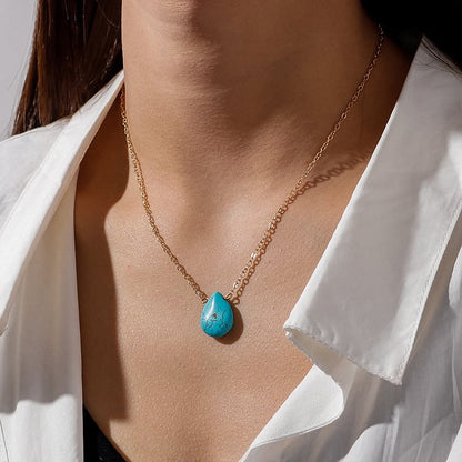 Turquoise Drop Shape Pendant Simple Collarbone Necklace