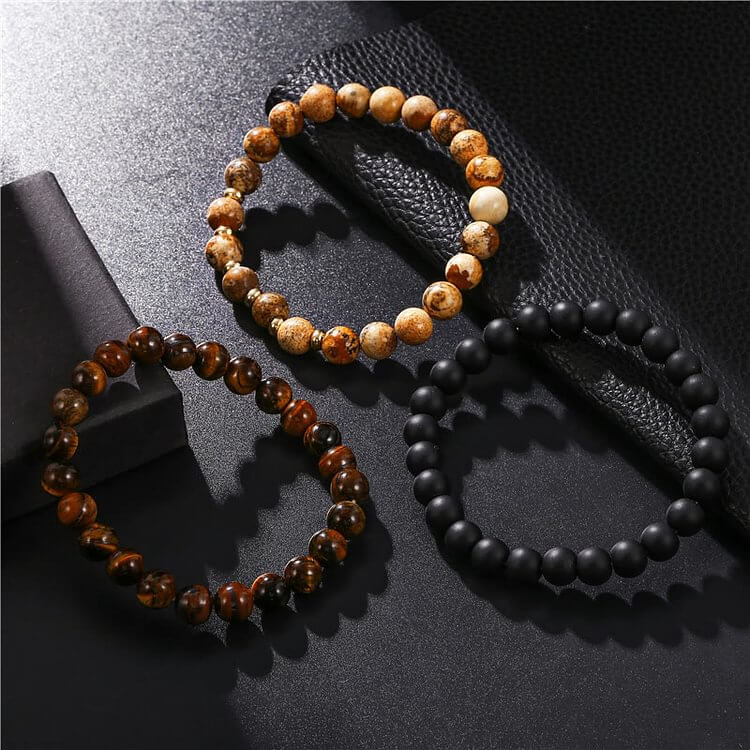 3Pcs Picture Jasper Tiger Eye Black Onyx Beaded Bracelets