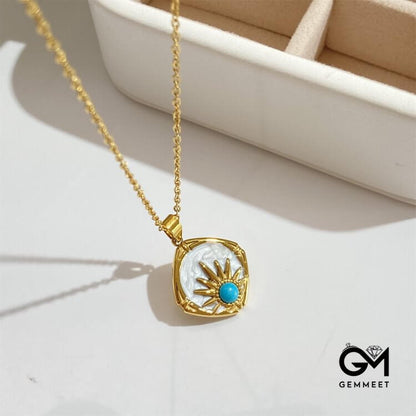 Turquoise Sun Pendant 18k Gold Plated Necklace