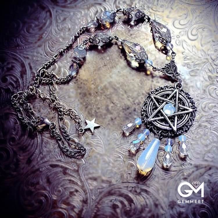 Witch Gothic Pentagram Opalite Star Crystal Beads Necklace