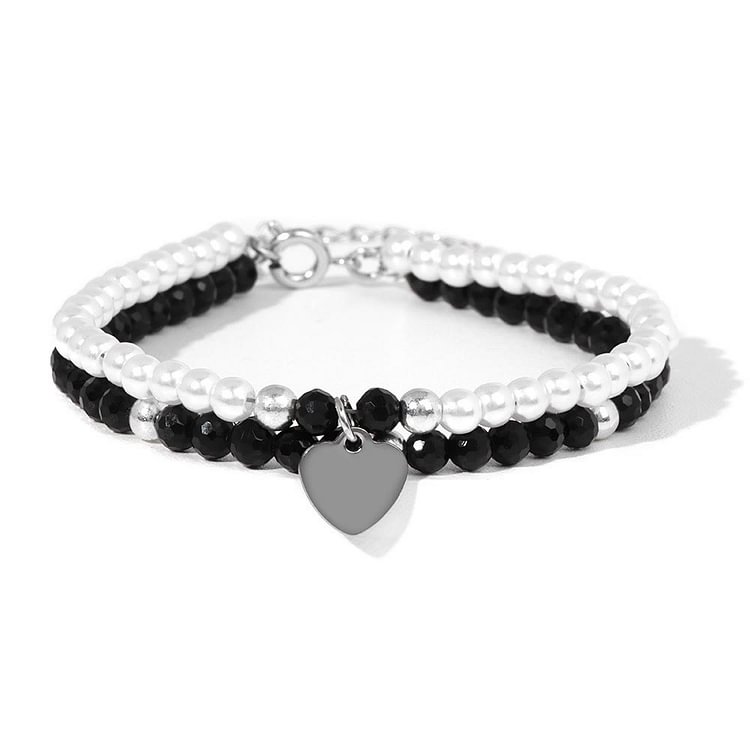 Faceted Stone Pearl Heart Charm Double Layer Bracelet