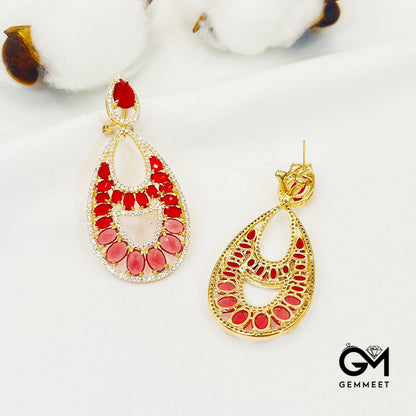 Pear-Shaped Center Hollow Red Stone Pendant Earrings