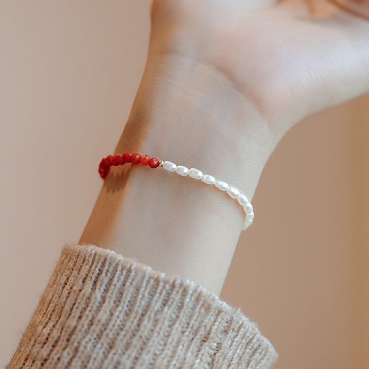 Red Agate With Pearl Gemstone Bracelet