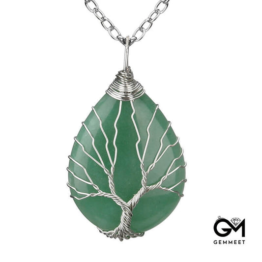 Wrapped Silk Tree of Life Green Aventurine Water Drop Necklace