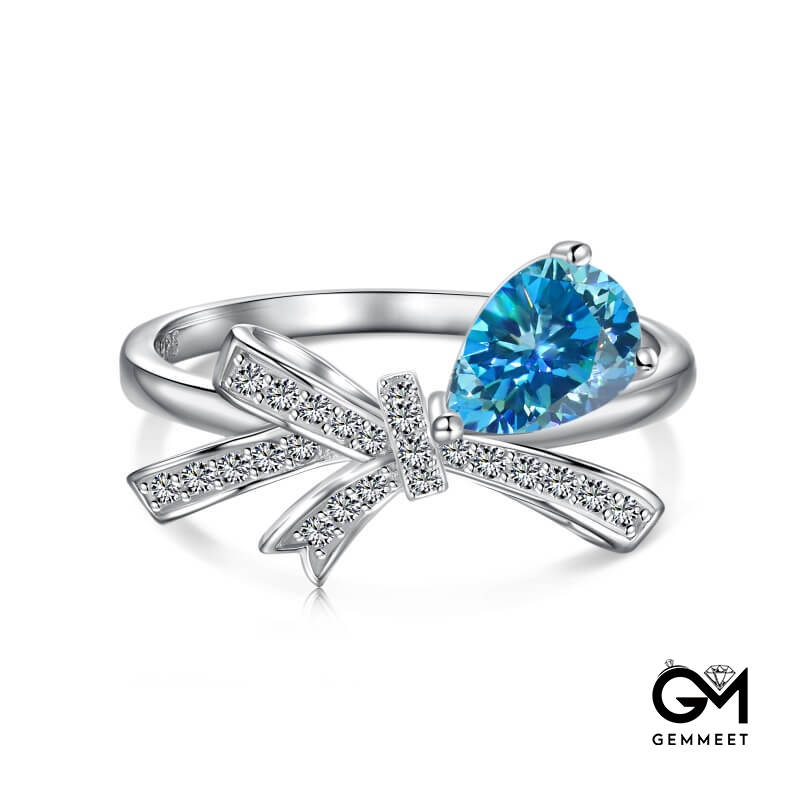 S925 Sterling Silver Blue Water Drop Zircon Bow Ring