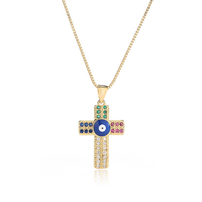 Evil Eye Cross Full Color Stones Pendant Necklace