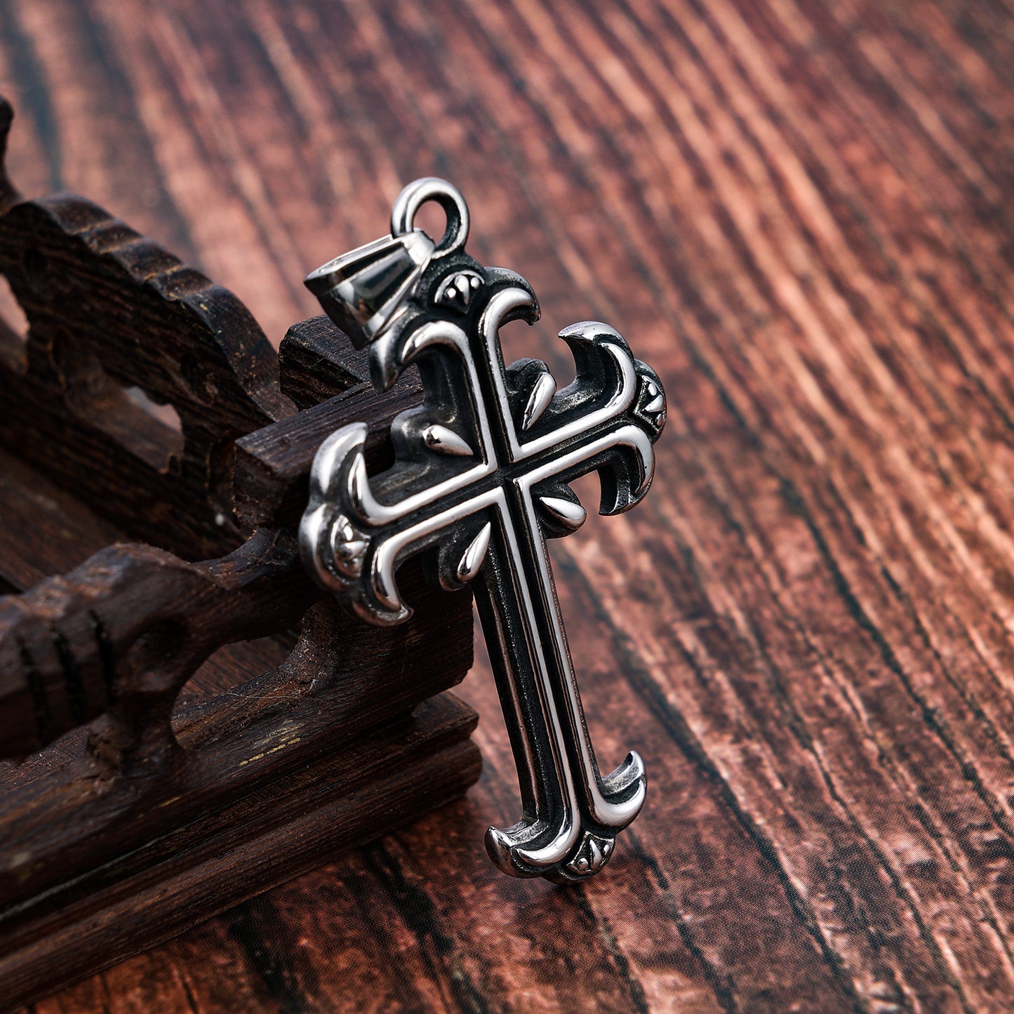 Carved Cross Stainless Steel Pendant Necklace