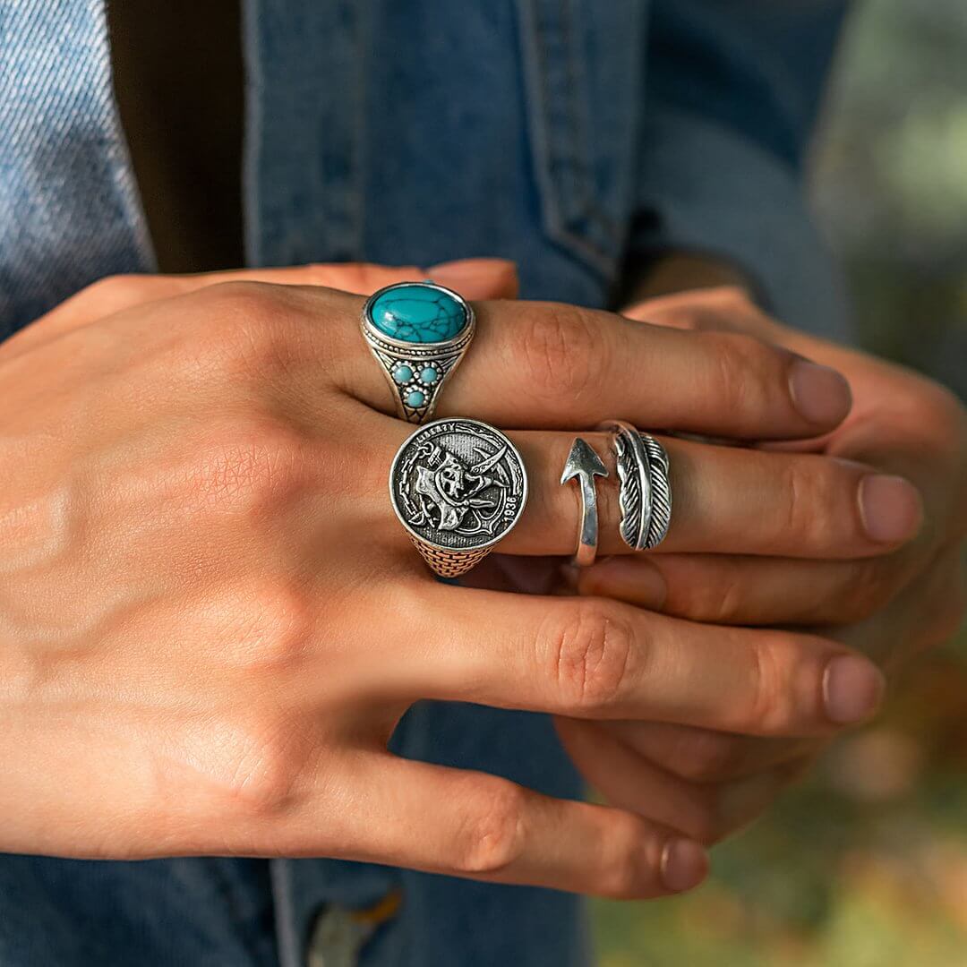 Turquoise Arrow Feather Skull Ring Set