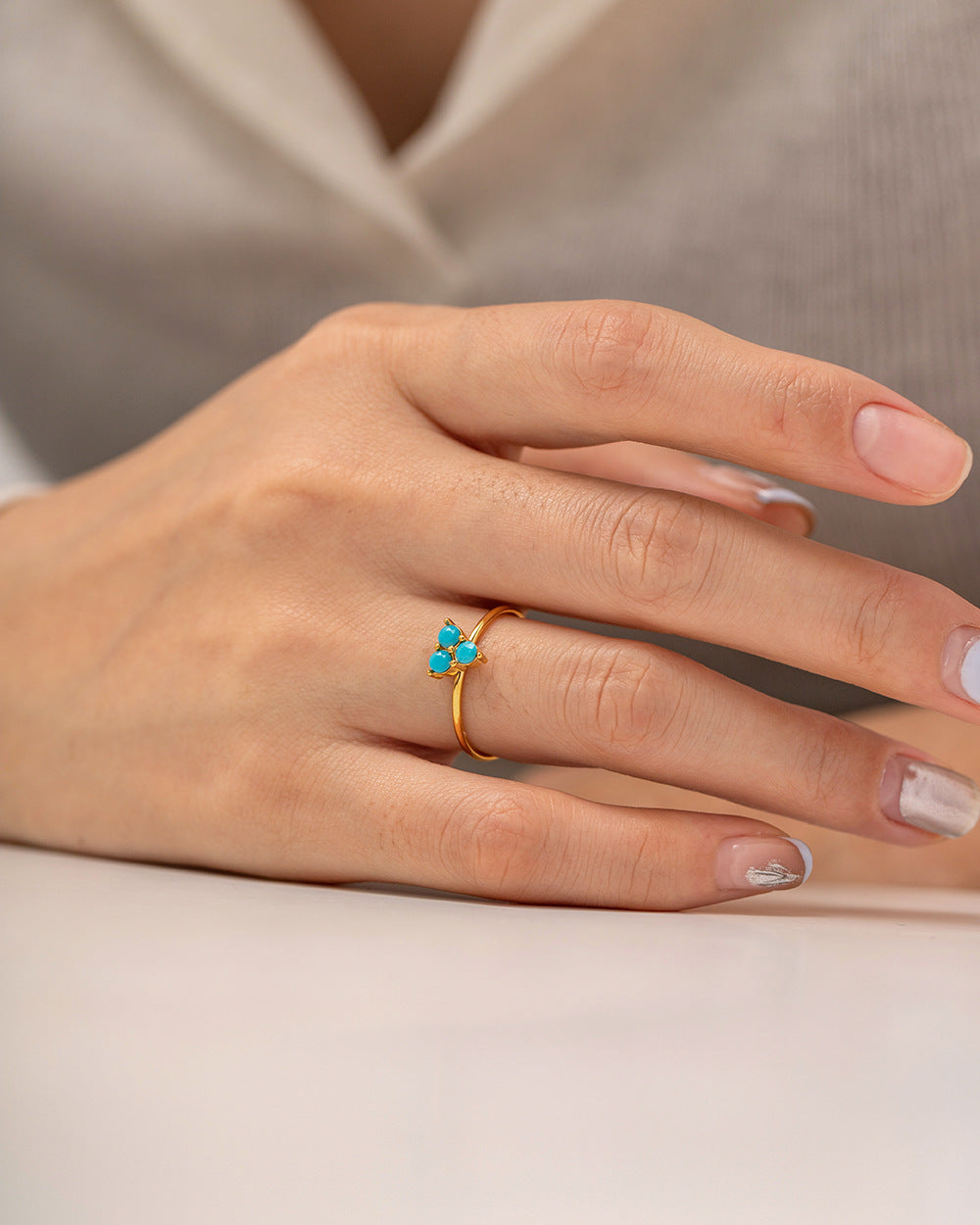 French Vintage Natural Stone 3 Turquoise Ring