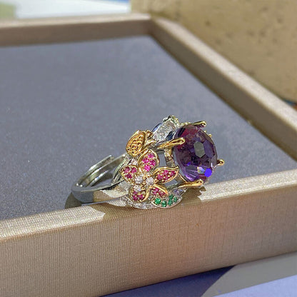 Colorful Flower Opening Colored Treasure Ring Two-color Gold Craft Hand-inlaid Firework Cut Purple Diamond Ring