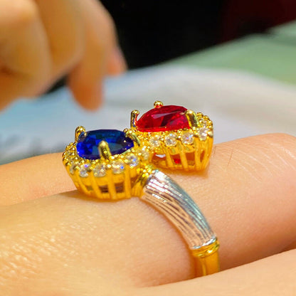 Antique Brushed Two-Tone Gold Imitation Ruby and Sapphire Ring