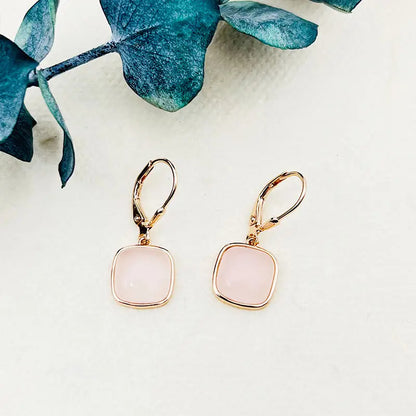 Square Pink Gem Rose Gold Dangle Earrings