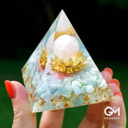 Aquamarine Rose Quartz Lotus Symbol Orgone Pyramid