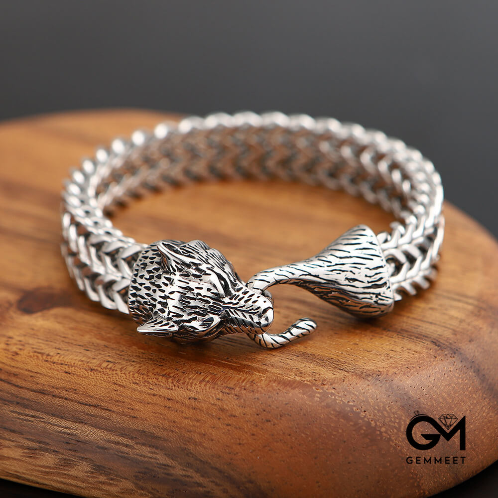 Titanium Steel Vintage Viking Wolf Head Bracelet