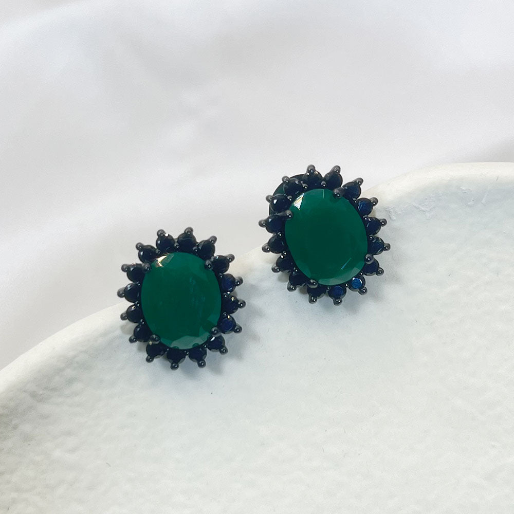 Black Flower Shape Inlaid Green Zircon Earrings