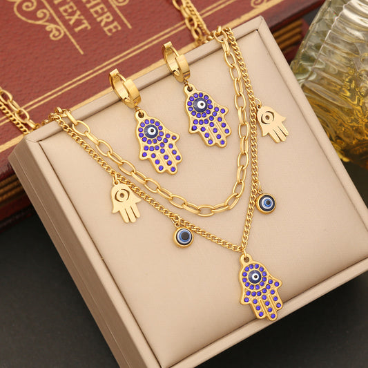 Purple Stone Hamsa Evil Eye Pendant Bracelet Necklace & Earrings