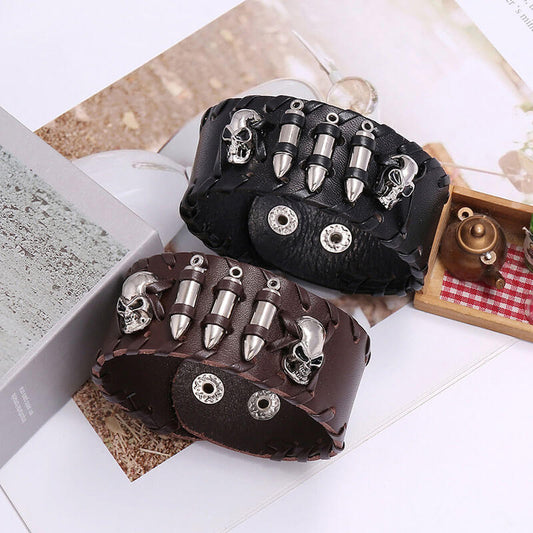 Punk Leather Bullet Skull Bracelet